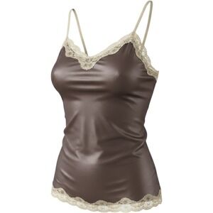 Aratta Silent Journey Brown Silk Lace Trim Camisole Top XS Y2K Spaghetti‎ Strap